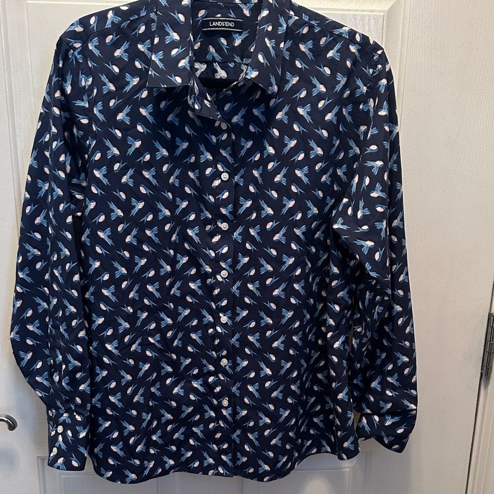 Lands' End Cute Dark Blue Bird Pattern Shirt Fits like a Large